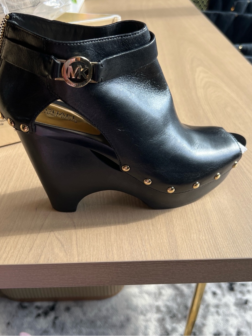 Michael Kors Black Leather Gold-Stud Wedge Booties
